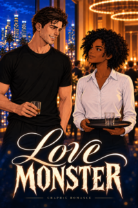 Love Monster cover: Lauren and Charlie share a smile above flowing Love and jagged horror-style MONSTER lettering.
