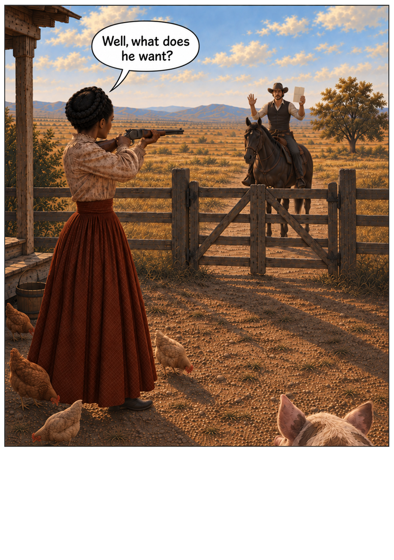 Sunday’s Claim, Episode 2, panel 002. Clara: Well, what does he want?