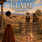 Sunday’s Claim, Episode 2 cover. Clara aims her rifle with both hands as a pig carries a notice across the yard; Elias stands beyond the gate with both hands raised beside his horse.